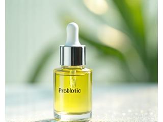 Botol kecil dengan tulisan 'Probiotic' dan titisan pada kulit