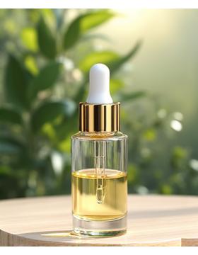 Botol serum anti-penuaan dengan latar belakang daun