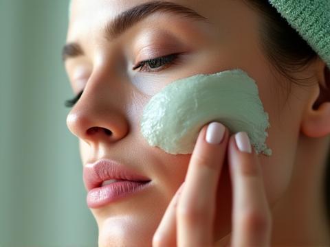 Muka wanita mengaplikasi masker
