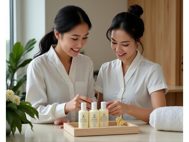 Terapis spa menerima latihan produk dari Teratai Bumi